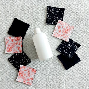8 washable and reusable makeup remover pads with floral and polka dot fabric, washable and reusable face pads, micellar water, eco-friendly