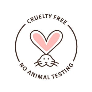 May include: A black and white illustration of a rabbit with a pink heart for ears. The circle around the rabbit says "Cruelty Free No Animal Testing".