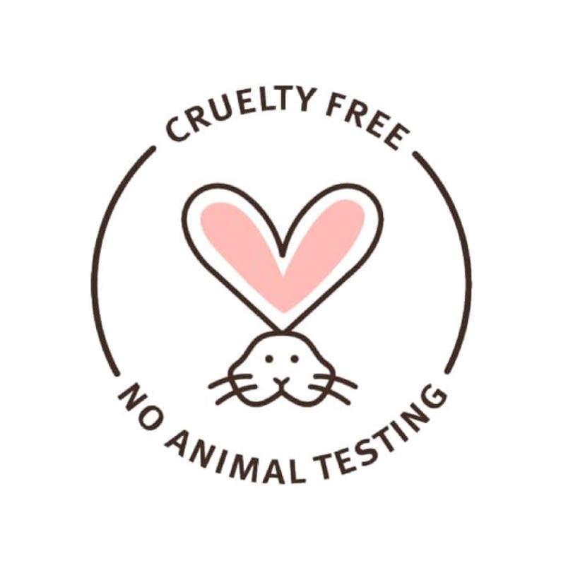 May include: A black and white illustration of a rabbit with a pink heart for ears. The circle around the rabbit says "Cruelty Free No Animal Testing".