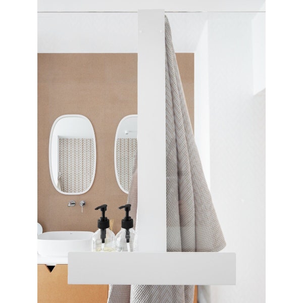 modern farmhouse white shower shelf,  no-drilling bathrooom shelf, white modern bathroom accessories, Dabstory LOGAN