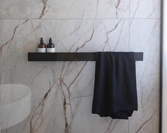 Modern Black Floating Shelf with Towel Bar - Bathroom Stainless Steel Shelf Organizer, LAVANDA