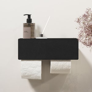 Modern black Toilet Paper Holder with shelf, Bathroom shelf with two universal hangers: toilet roll holders and towel hanger, smart design