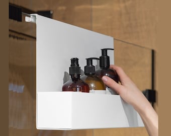 Portaoggetti da bagno bianco appeso al vetro della doccia, moderno scaffale per doccia per riporre cosmetici nella doccia, scaffale per doccia galleggiante in stile minimalista