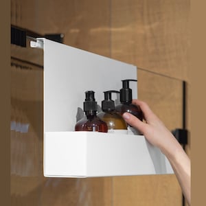 White bathroom caddy hanging on the shower glass modern shower shelf storage cosmetics in the shower floating shower shelf minimalist style image 1