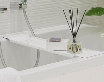 White Modern Bathtub expandable Tray, elegant bathtube caddy trays, Stylish and Functional Bathtub Trays, Luxury Bathtub Tray Caddy AMMOS