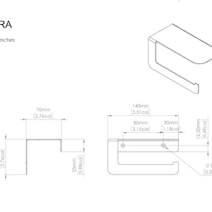 Puede incluir: Dibujo t&eacute;cnico de un portarrollos de papel higi&eacute;nico moderno, con dimensiones en mil&iacute;metros. El dise&ntilde;o es minimalista, con una repisa y una secci&oacute;n curvada para el rollo. El texto "DIARA" y "cal = inches" est&aacute;n presentes.