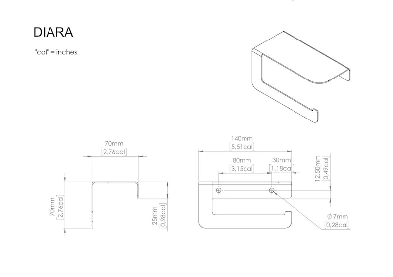 Puede incluir: Dibujo t&eacute;cnico de un portarrollos de papel higi&eacute;nico moderno, con dimensiones en mil&iacute;metros. El dise&ntilde;o es minimalista, con una repisa y una secci&oacute;n curvada para el rollo. El texto "DIARA" y "cal = inches" est&aacute;n presentes.