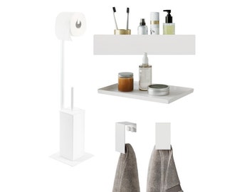 White set of accessories for big bathroom, includes: shower shelf, toilet paper stand with brush tray, 2 hooks, modern bathroom accessories