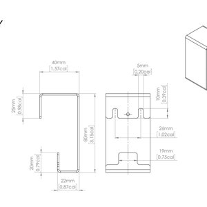 May include: A technical drawing labeled ROY showing a metal bracket with multiple dimensions in millimeters and inches. The diagram includes a side view, a front view, and an isometric view, detailing a 80mm by 40mm structure with various cutouts.