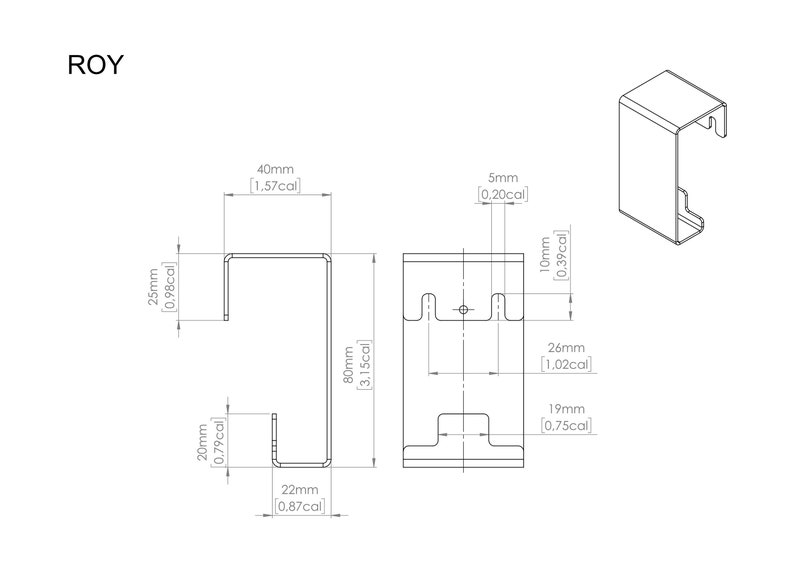 May include: A technical drawing labeled ROY showing a metal bracket with multiple dimensions in millimeters and inches. The diagram includes a side view, a front view, and an isometric view, detailing a 80mm by 40mm structure with various cutouts.