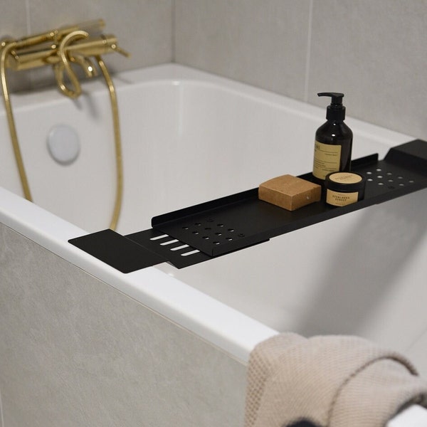 Zwarte moderne badkuip lade elegante badkuip caddy trays Stijlvolle en functionele badkuipen Luxe badkuip lade uitbreidbare badtafel AMMOS