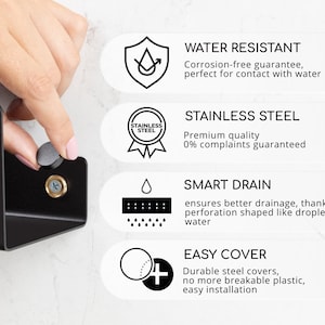 May include: Black metal soap dish with a drain hole and a removable cover. The soap dish is water resistant and made of stainless steel. The text "STAINLESS STEEL" and "WATER RESISTANT" is visible in the image.