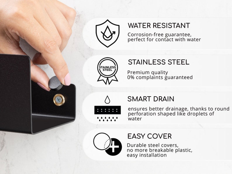 May include: Black metal soap dish with a drain hole and a removable cover. The soap dish is water resistant and made of stainless steel. The text "STAINLESS STEEL" and "WATER RESISTANT" is visible in the image.