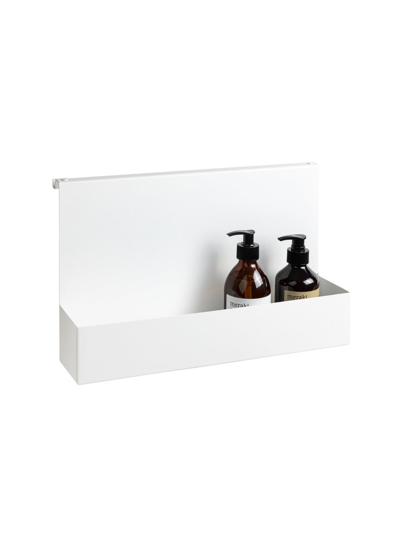 White bathroom caddy hanging on the shower glass modern shower shelf storage cosmetics in the shower floating shower shelf minimalist style image 6