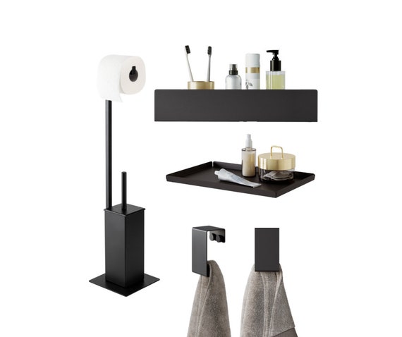 Black Set of Accessories for Big Bathroom, Includes: Shower Shelf