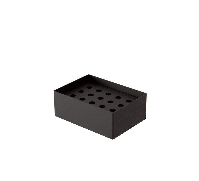 May include: A black rectangular soap dish with multiple round holes in the bottom.