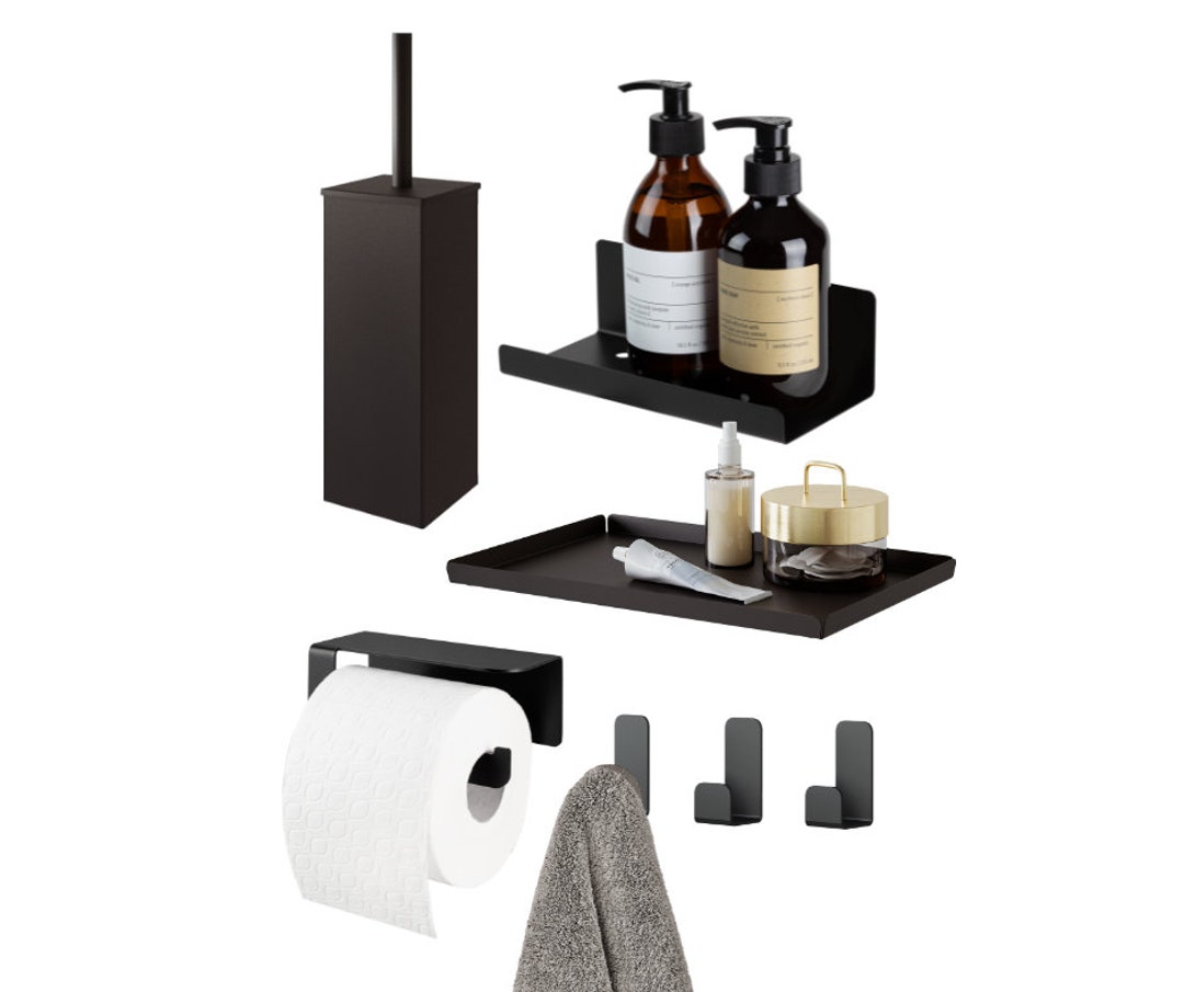 Black Set of Bathroom Accessories Without Drilling, Glued to the Tape ...