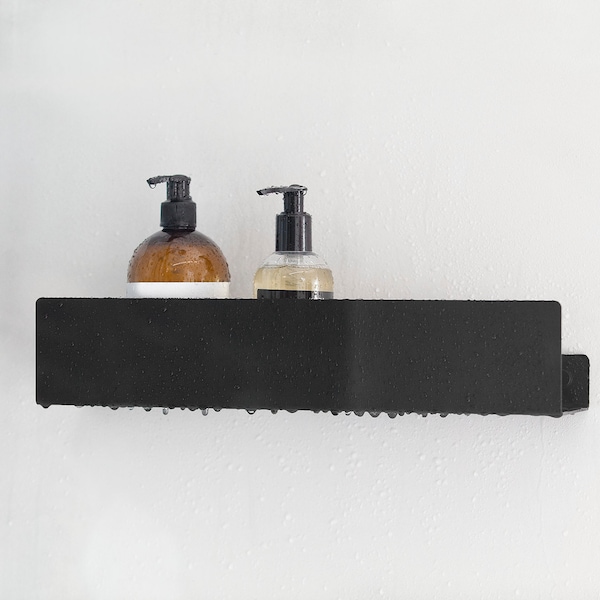 Black Shower Shelf, farmhouse bathroom shelf, floating shelves, minimalist, industrial, shower caddy alternative, matt metal, dabstory DOCIA