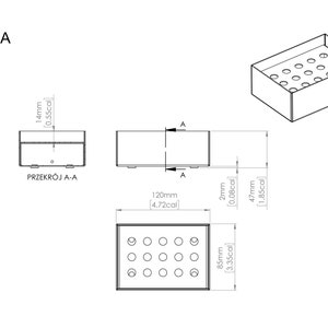 May include: A black metal tray with a grid of holes, measuring 4.72 inches by 1.85 inches. The tray is 0.08 inches thick. The tray is labeled "OMIA" and "PRZEKR&Oacute;J A-A".