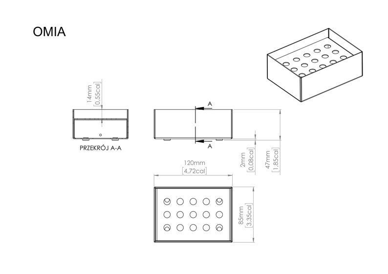 May include: A black metal tray with a grid of holes, measuring 4.72 inches by 1.85 inches. The tray is 0.08 inches thick. The tray is labeled "OMIA" and "PRZEKR&Oacute;J A-A".