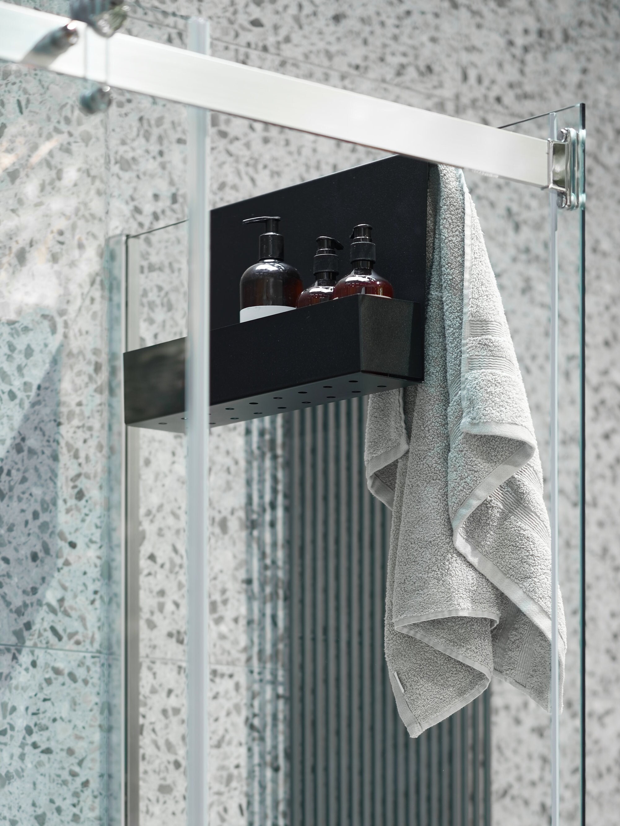 Black Modern Shower Shelf Bathroom Caddy Hanging on the Shower