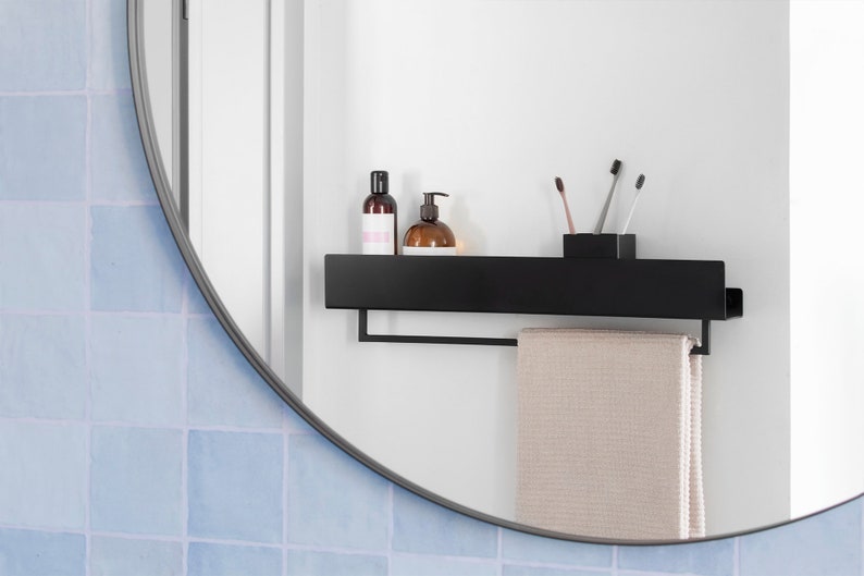 Modern Farmhouse Bathroom Shelf VASCA, Industrial bathroom, Black Shower Shelf, Minimalist Bathroom Accessories,  black shelves with railing 