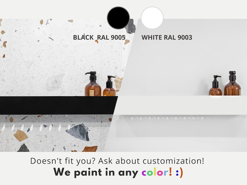 May include: Two bathroom shelves, one black and one white, with a terrazzo tile backsplash. The shelves are empty except for two bottles of liquid soap on the black shelf.