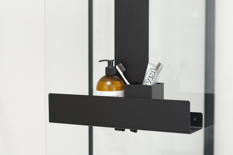 Hanging shelf, no-drilling bathrooom shelf black, minimalistic bathroom accessories, shelf for shower, without drilling Dabstory caddy LOGAN image 10