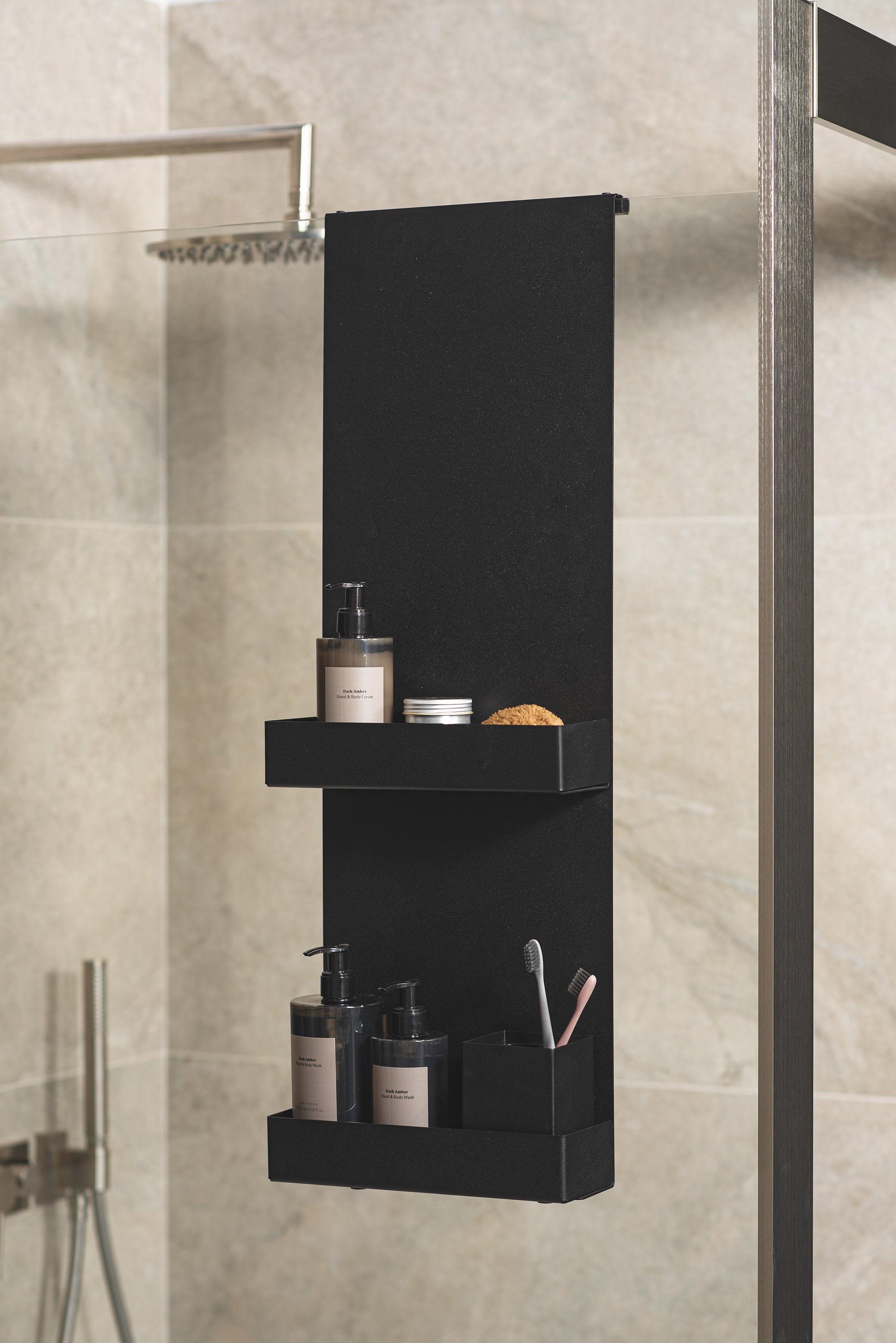 Black Modern Shower Shelf Bathroom Caddy Hanging on the Shower