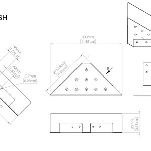 May include: A technical drawing labeled ROSH showing a triangular shelf with dimensions in millimeters and inches. The diagram displays multiple views including top, side, and front profiles with 7mm holes and a 300mm width by 213.55mm depth.