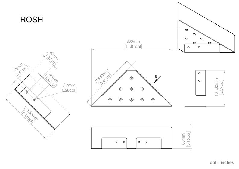 May include: A technical drawing labeled ROSH showing a triangular shelf with dimensions in millimeters and inches. The diagram displays multiple views including top, side, and front profiles with 7mm holes and a 300mm width by 213.55mm depth.