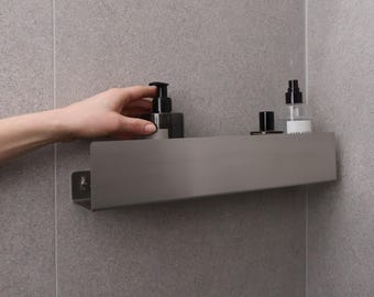 Brushed Stainless steel Shower Shelf 40 cm, farmhouse bathroom, floating shelves, minimalist industrial caddy alternative, raw metal, DOCIA