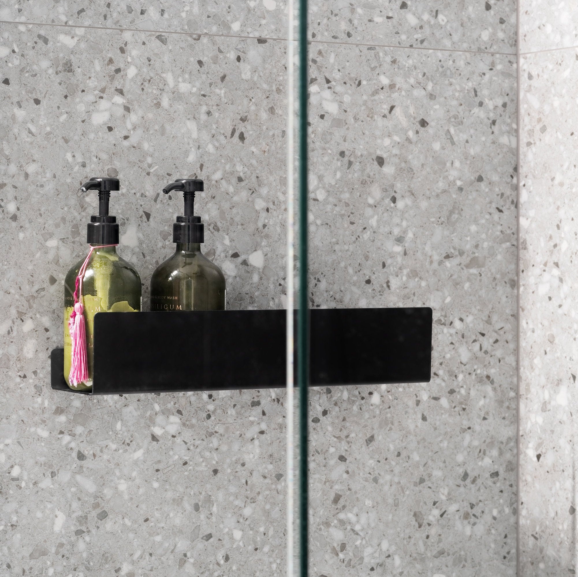 Black Modern Shower Shelf Bathroom Caddy Hanging on the Shower Glass  Floating Shower Shelf Minimalist Style Storage Cosmetics in the Shower 
