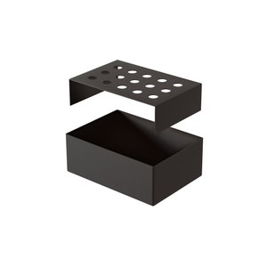 May include: Black metal organizer with a removable top section. The top has a grid of holes for holding items like pens or pencils. The bottom section is a rectangular box.
