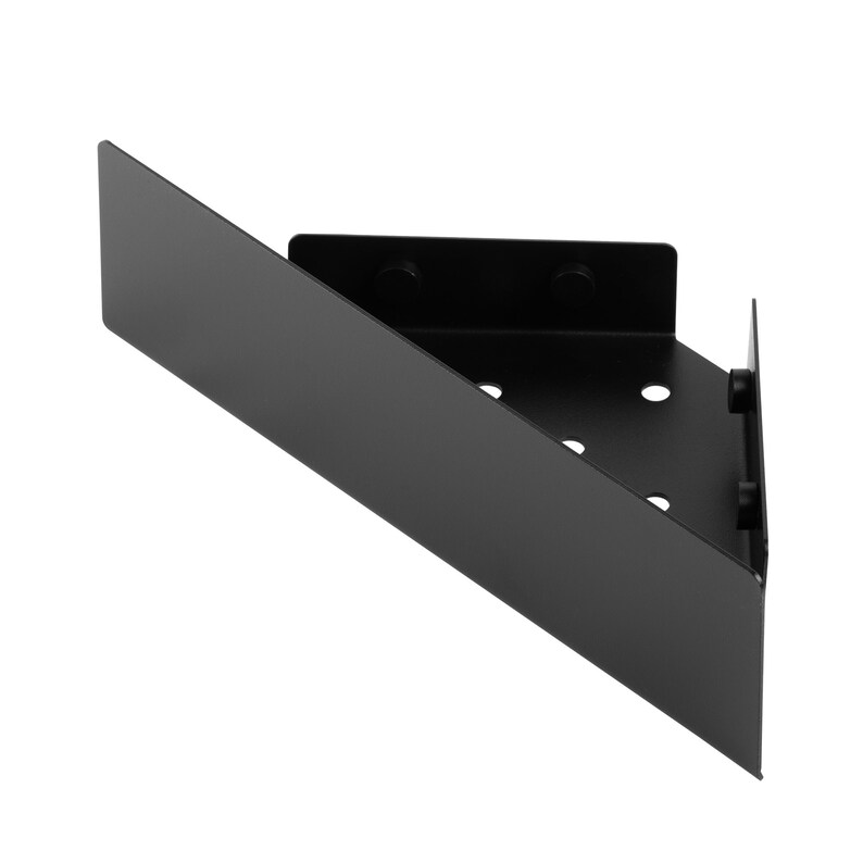 May include: A matte black metal corner shelf featuring a triangular base with multiple circular drainage holes and two vertical side panels. The shelf includes small circular mounting points along the back edges for secure wall installation.