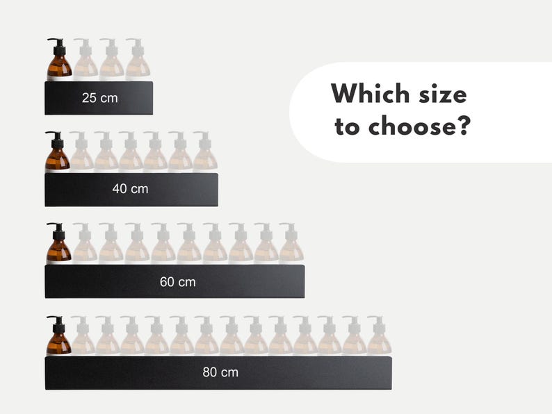 May include: Four different sizes of black metal shelves with rows of clear glass bottles with pumps. The shelves are labeled with the following measurements: 25 cm, 40 cm, 60 cm, and 80 cm. The text "Which size to choose?" is displayed above the shelves.