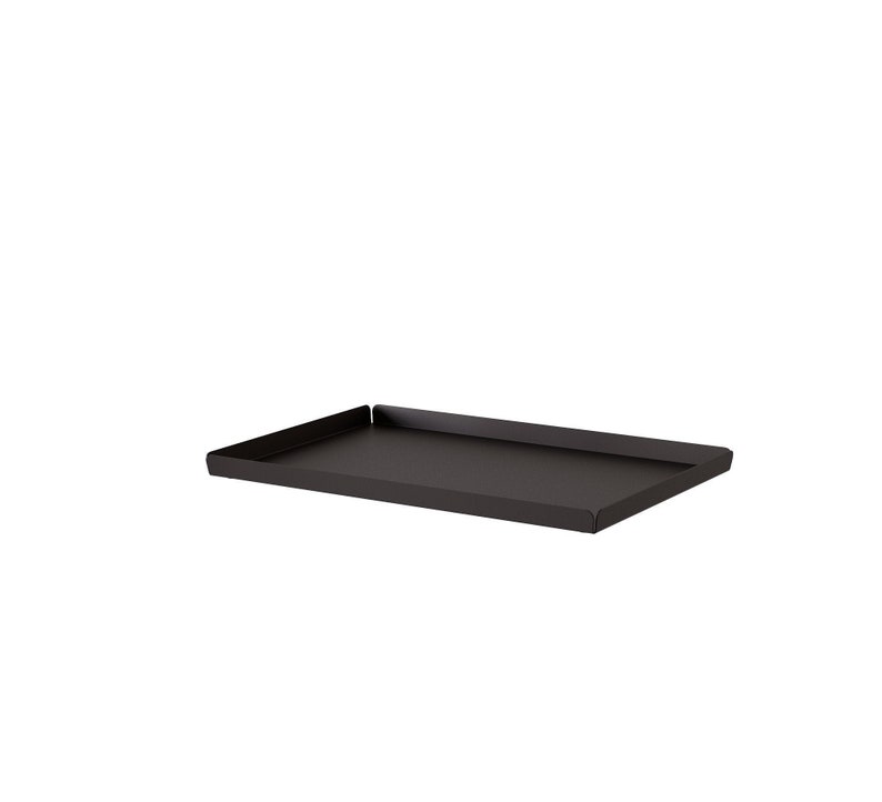 May include: A black metal tray with a rectangular shape. The tray has a slightly raised edge.