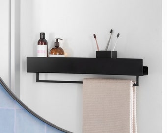 Estante de baño de granja moderno, estante de ducha negro, accesorios de baño minimalistas, estantes negros con barandilla, carrito de ducha negro VASCA