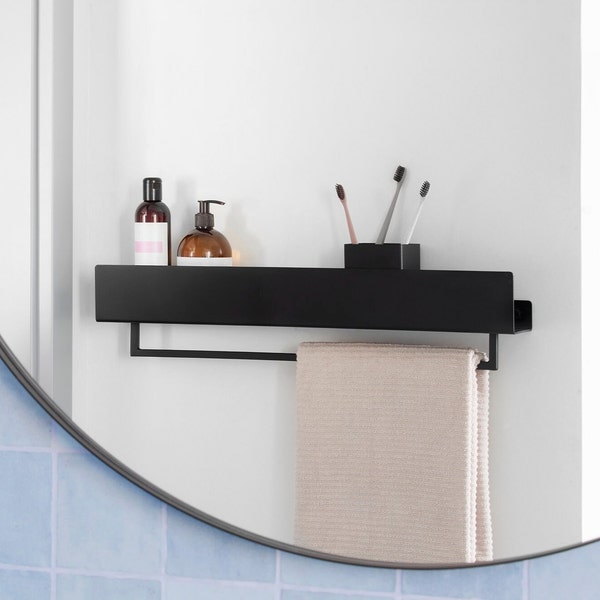 Étagère de salle de bains de ferme moderne, étagère de douche noire, accessoires de salle de bains minimalistes, étagères noires avec balustrade, caddy de douche noir VASCA