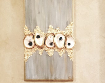 Oyster Shell Abstract Painting – Coastal Wall Art with Gold Leaf