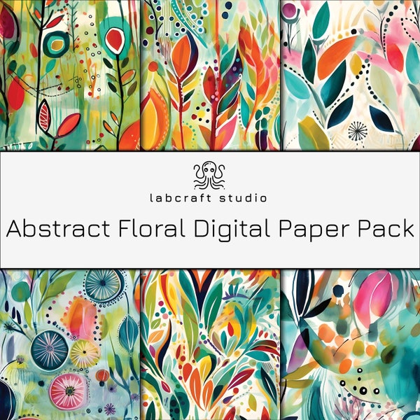 Abstract Floral Digital Paper Pack | Seamless Modern Colorful Papers | Paint Brush Strokes | Rainbow Background | Boho Patterns | Commercial