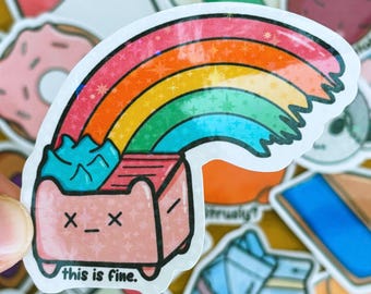 Dumpster Fire Rainbow Kitty Holographic Vinyl Sticker