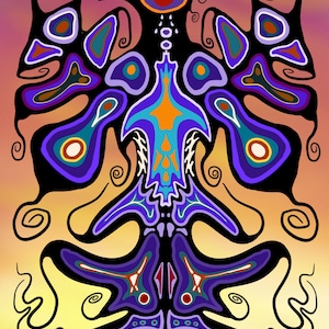 Może przedstawiać: Abstrakcyjny wydruk artystyczny z symetrycznym wzorem w kolorze fioletowym, niebieskim, pomarańczowym i żółtym. Wzór przypomina stylizowanego ptaka lub motyla z wirującymi liniami i organicznymi kształtami.