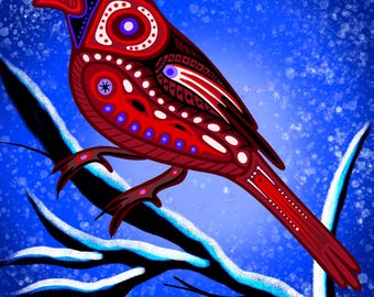 Winter Cardinal Art Print, Colorful Bird Illustration (8.5x11)