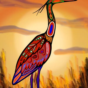 May include: A stylized illustration of a heron with a long neck and beak, standing in a field of tall grass. The heron is painted in a vibrant color palette of red, blue, green, and black.