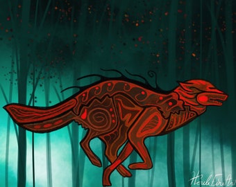 May include: A stylized red and brown wolf illustration with intricate patterns running through its body. The wolf is running through a dark green forest with a light blue fog.