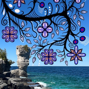 May include: A digital art print depicting a stylized floral branch with blue, purple, and orange flowers against a bright blue sky. The artwork is set over a coastal landscape with a rock formation and turquoise water.