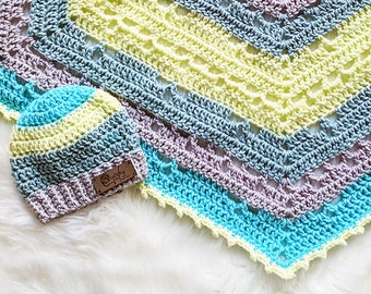 Crocheted Baby Blanket, Handmade Striped Hexagon Shower Gift, Newborn Afghan Nursery Decor