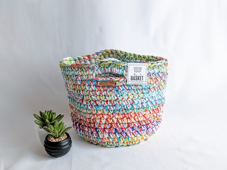 Scrappy Basket Made With Cotton Yarn, One of a Kind Handmade Crochet Home Decor, Unique Storage or Project Bag image 2