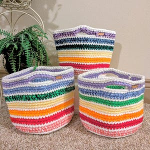 Crochet Basket Rainbow Stripes, One of a Kind Home Decor, Storage, Organizer for Toys, Projects, Mom Gift, Handmade Basket